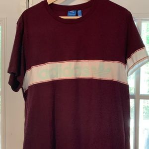 *VINTAGE* 1986- Mens size Large, burgundy, white w/teal ADIDAS. Short sleeves.